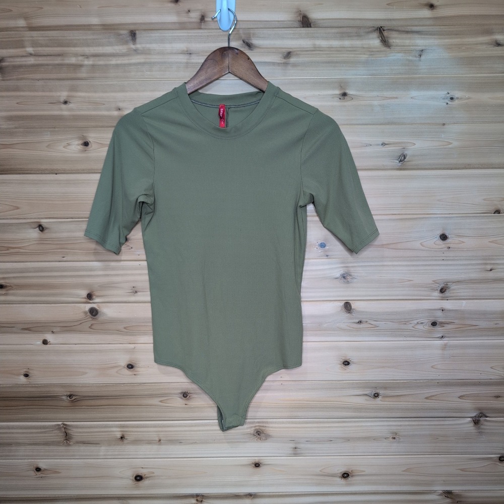Spanx Ribbed Crew Neck Elbow Sleeve Bodysuit Olive Green XS/S 5477